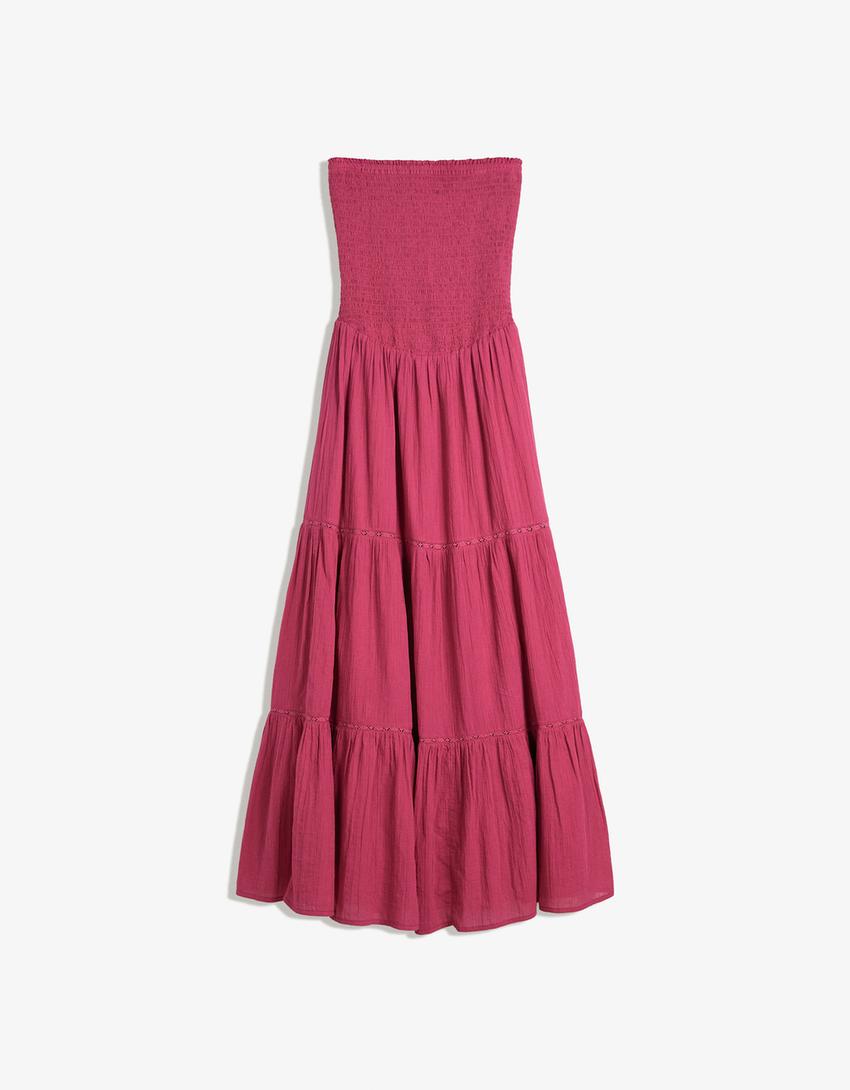 Flared bandeau neckline midi dress-Fuchsia-4