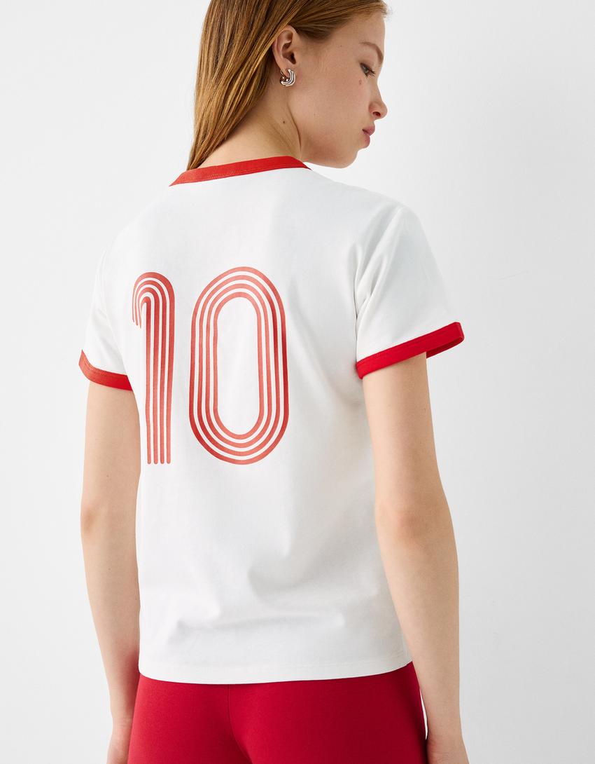 Kısa kollu kontrast detaylı spor t-shirt-Krem-2