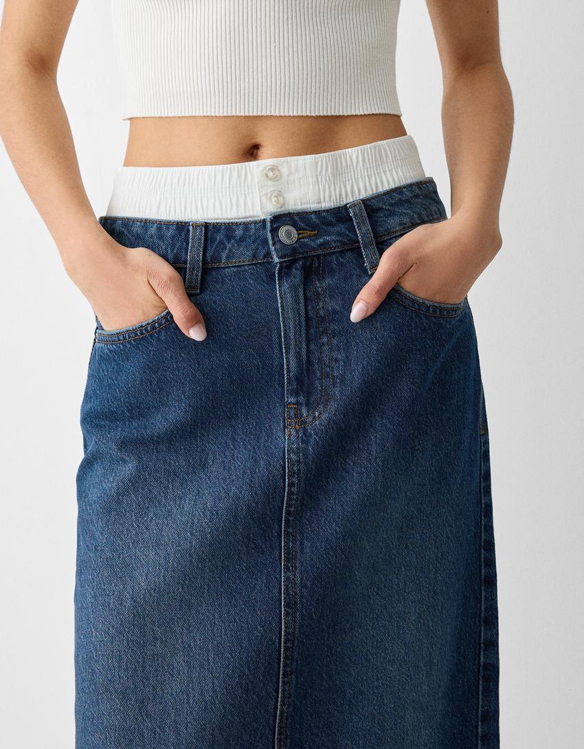 تنورة متوسطة الطول دنيم بسروال داخلي-أزرق-5