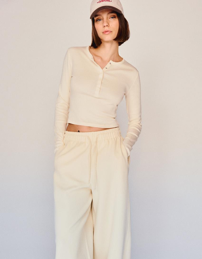 Long sleeved button neck top-Beige-3
