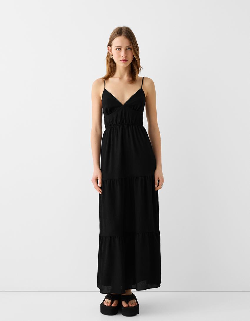 Ruffled textured maxi dress-Black-0