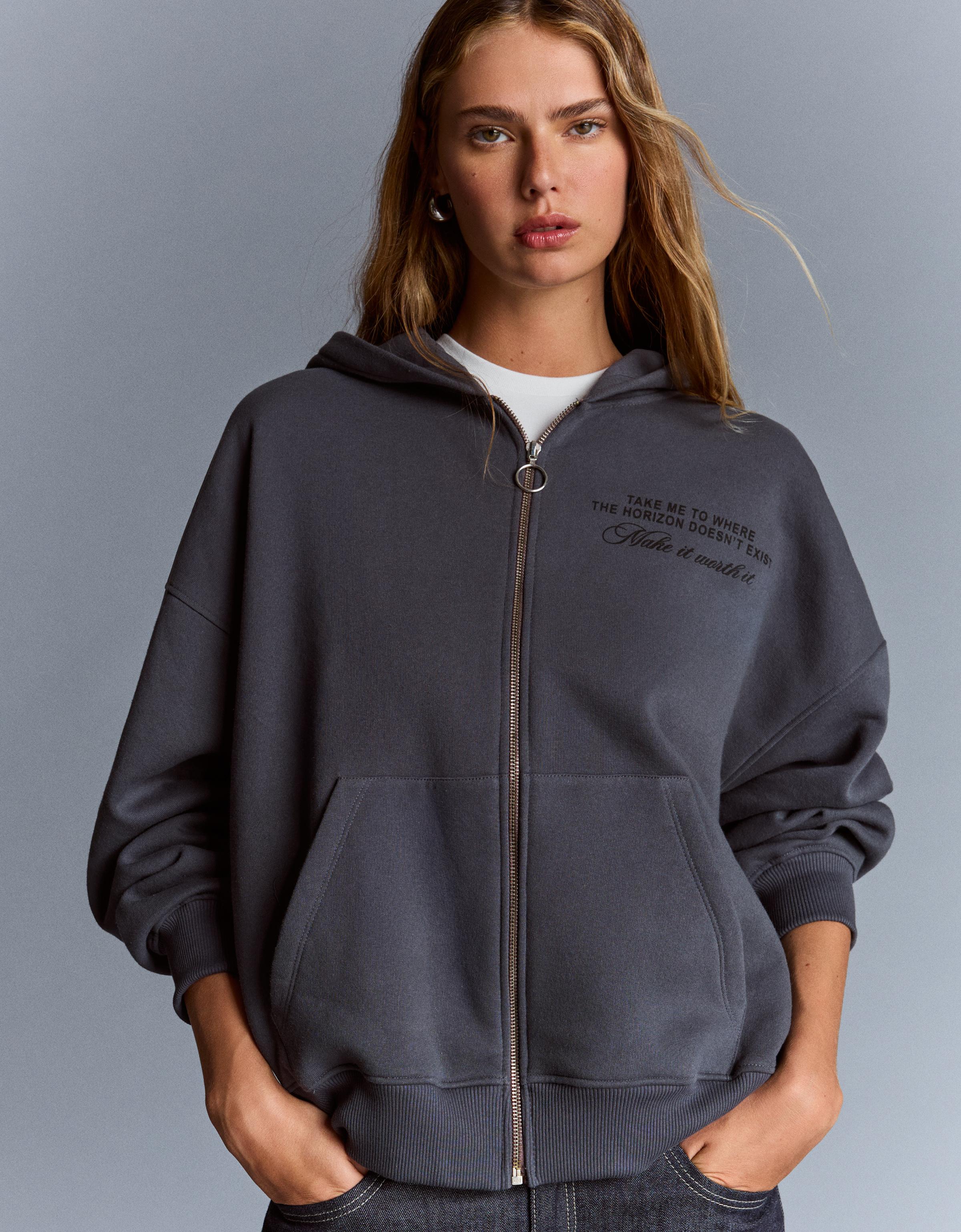 Thumbnail - Bershka Reißverschluss-Hoodie Mit Nieten Damen L Dunkelgrau