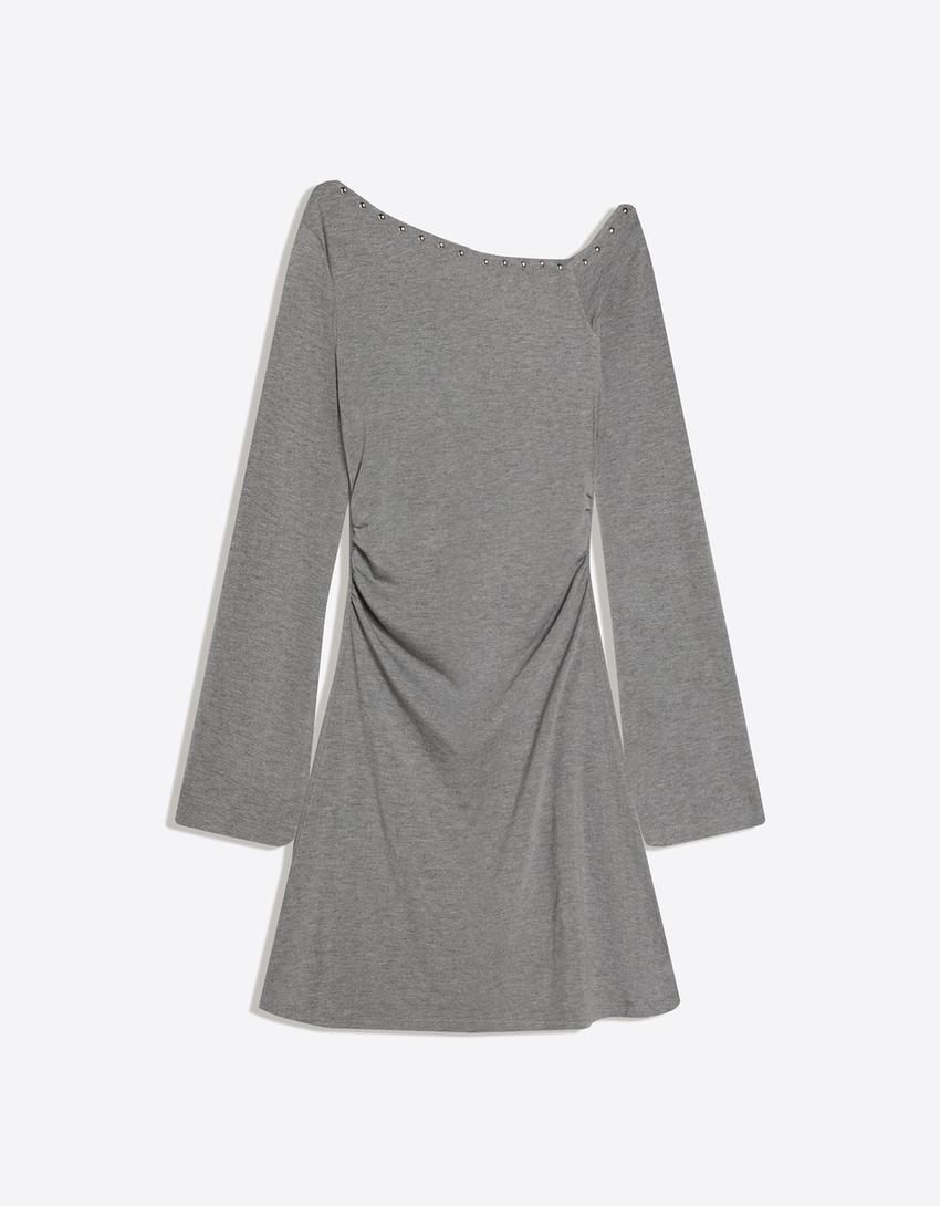 Vestito mini asimmetrico con borchie-Grigio