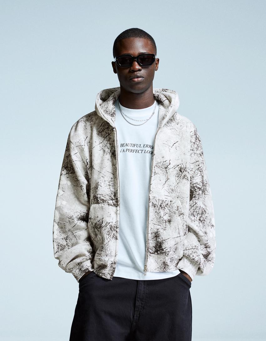 Sweat zippé cropped imprimé-Gris