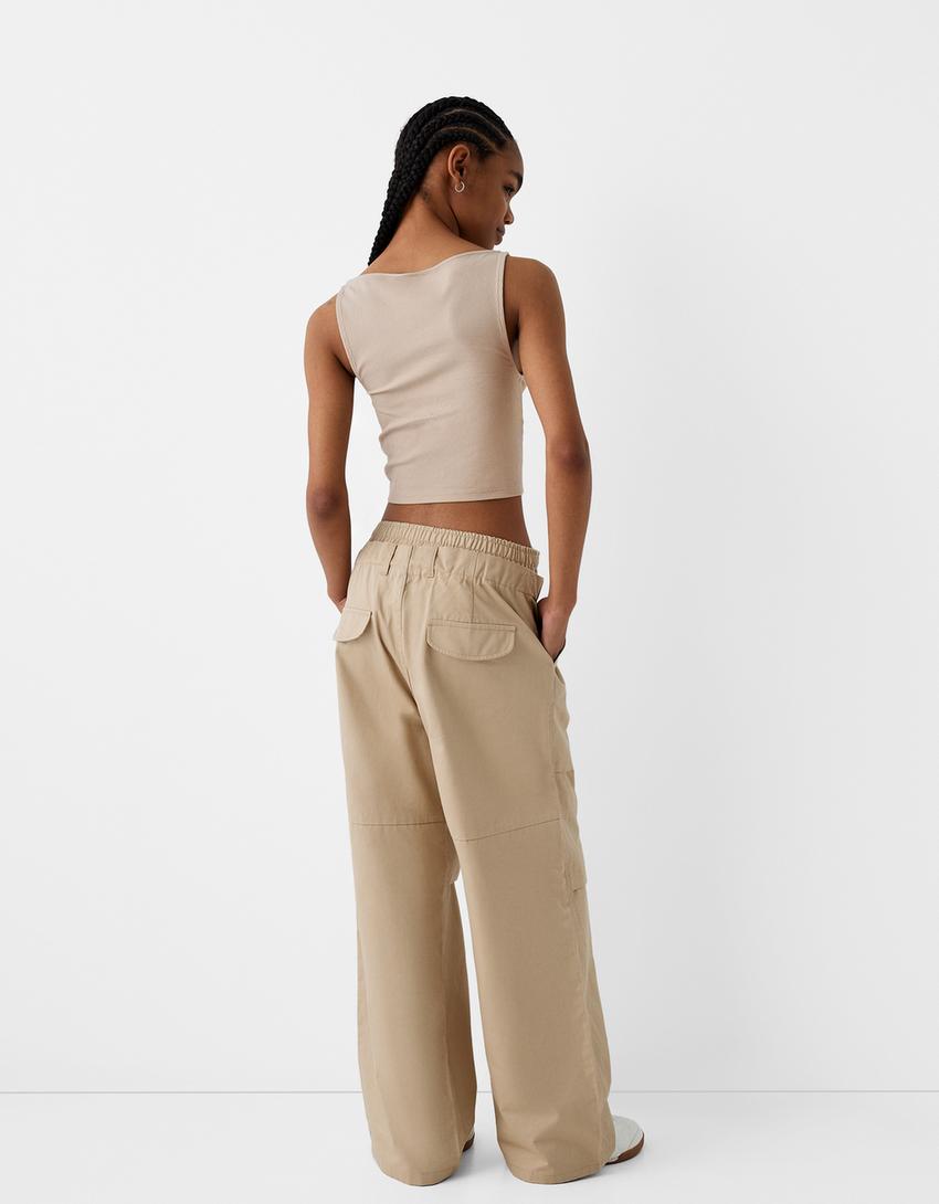 Sleeveless ribbed T-shirt-Camel-1