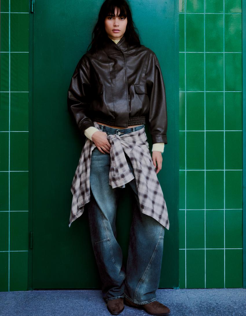 Oversize leather effect crossover collar jacket-Grey