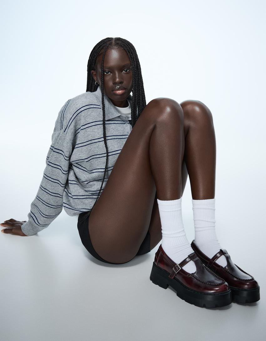 Chunky sole loafers with strap-Maroon-1