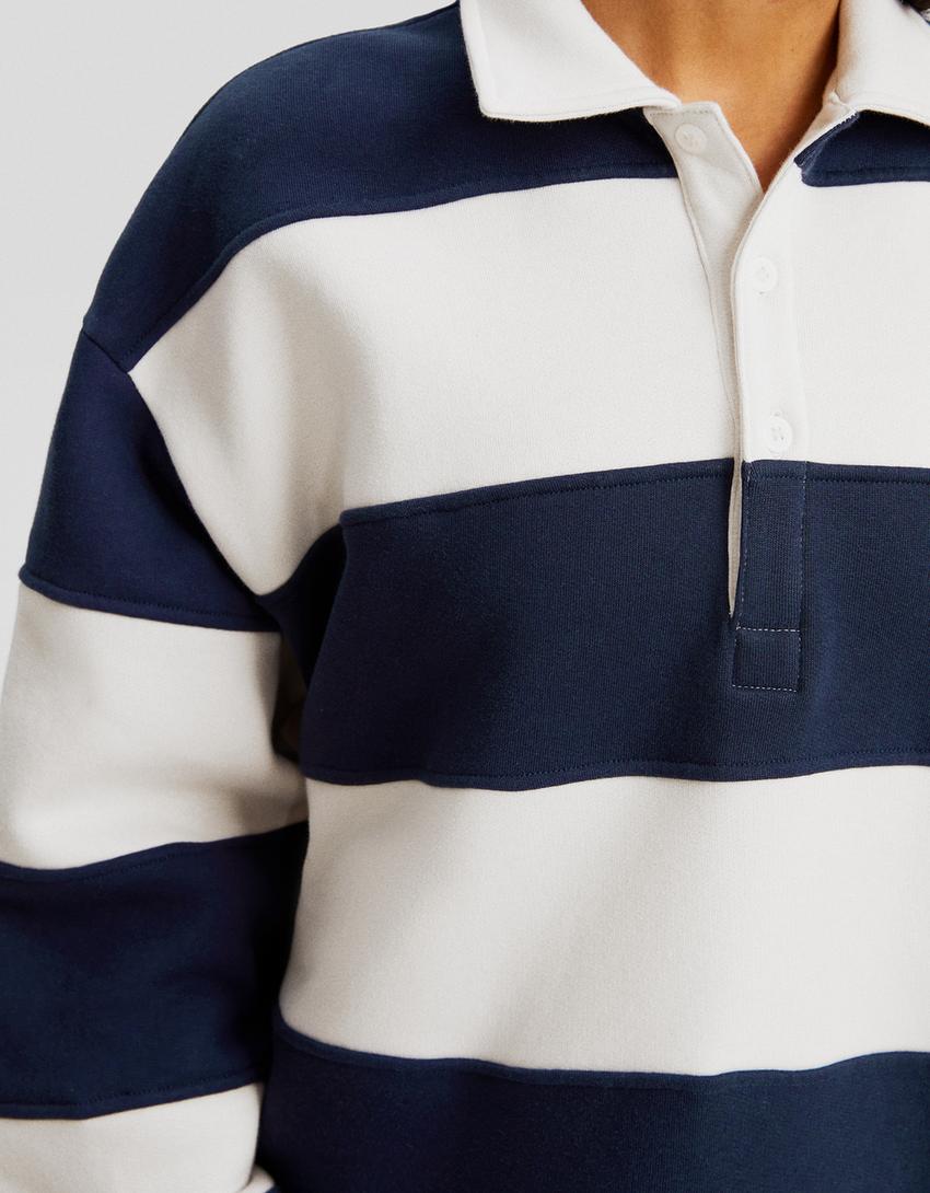 Striped polo collar sweatshirt-Beige