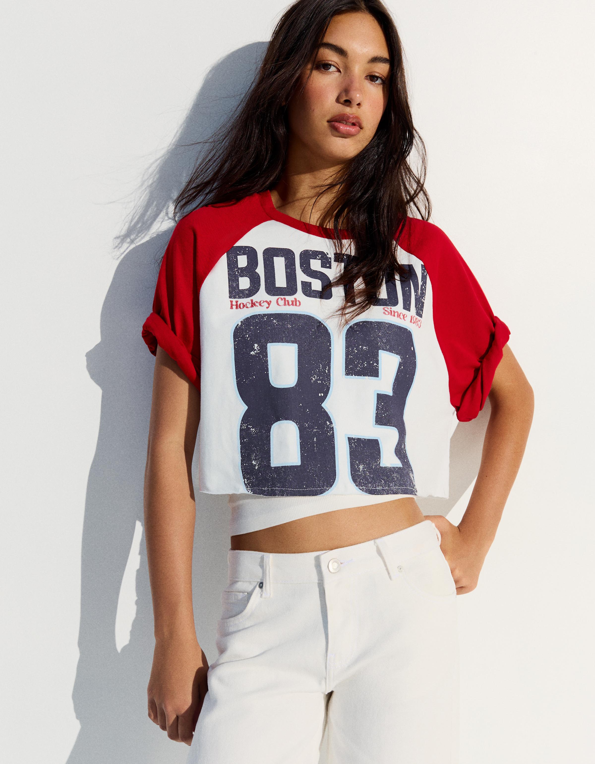 Bershka Camiseta Manga Corta Ranglan Print Mujer Blanco