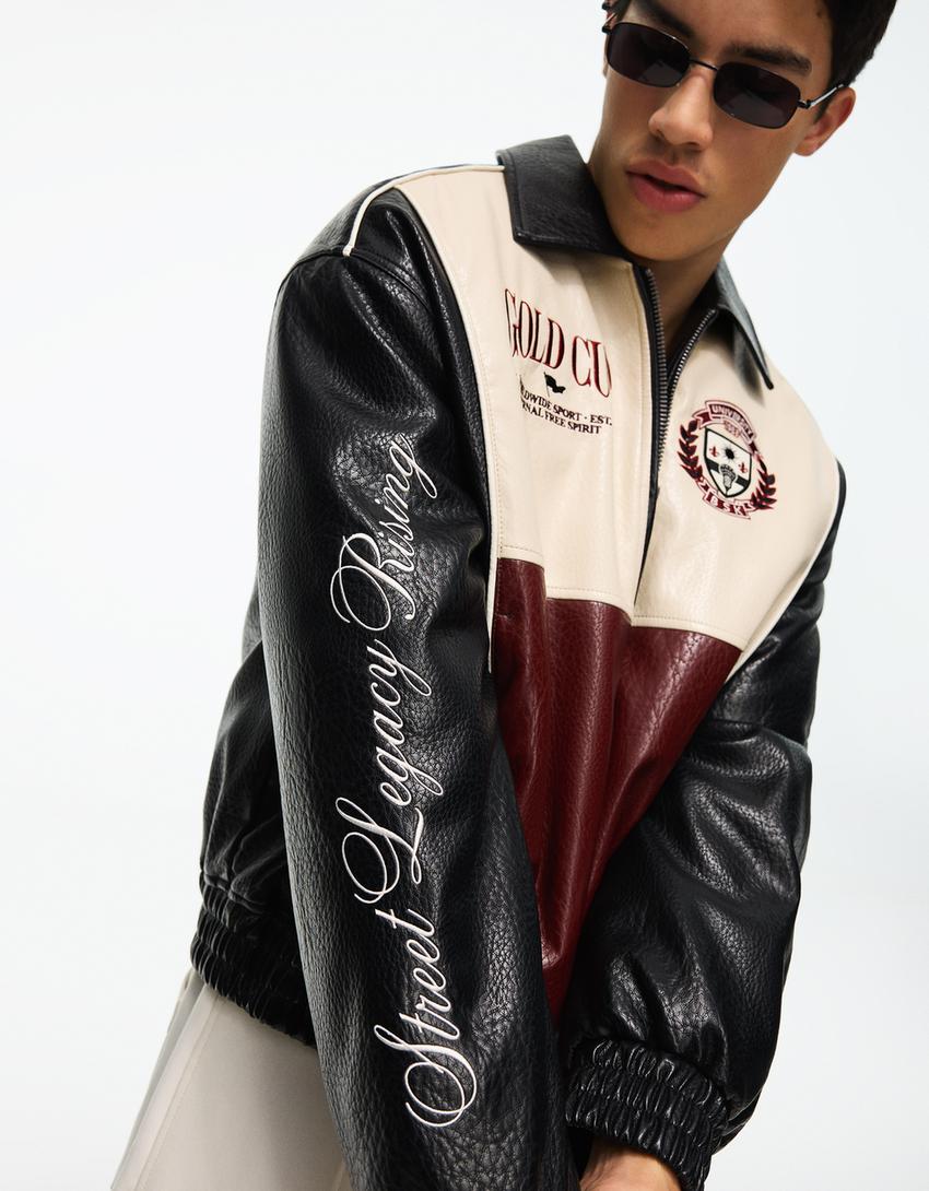 Faux leather graphic jacket-Black