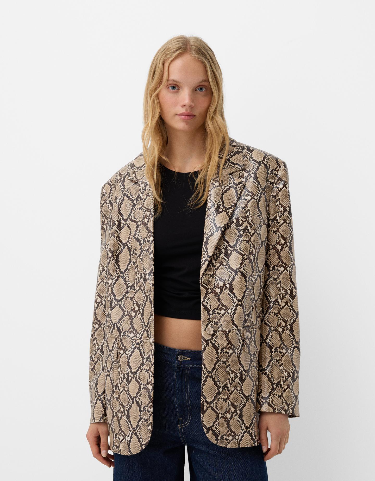 Bershka Blazer Efecto Piel Animal Print Mujer M Beige