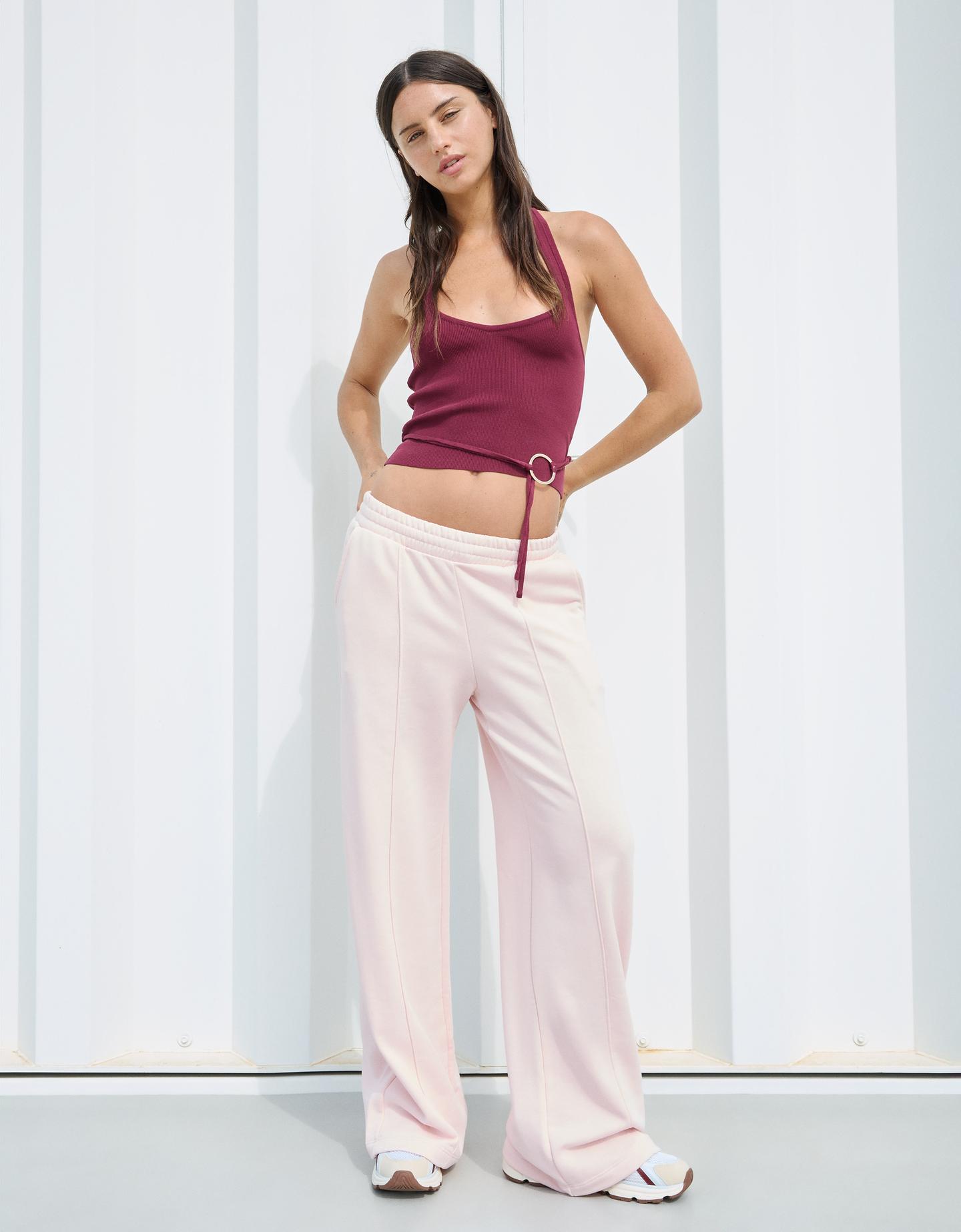 Bershka Pluszowe Spodnie O Kroju Wide Leg Kobieta S Różowy