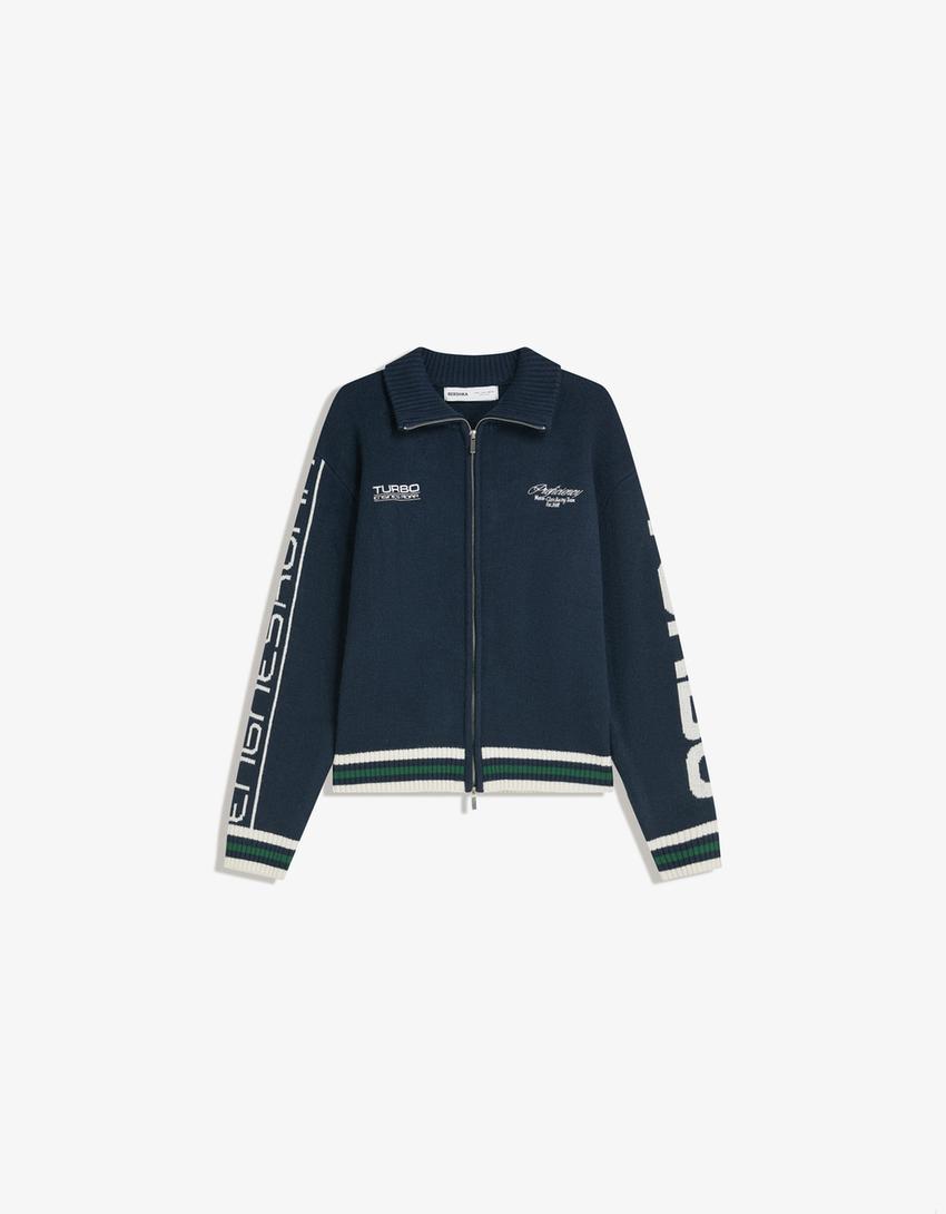 Embroidered zip-up jacket-Blue-4