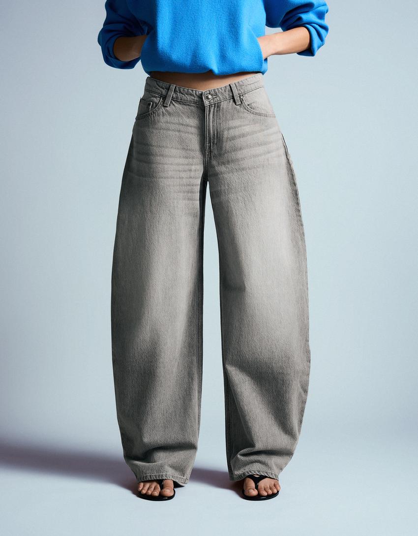 Jeans barrel tiro alto-Gris