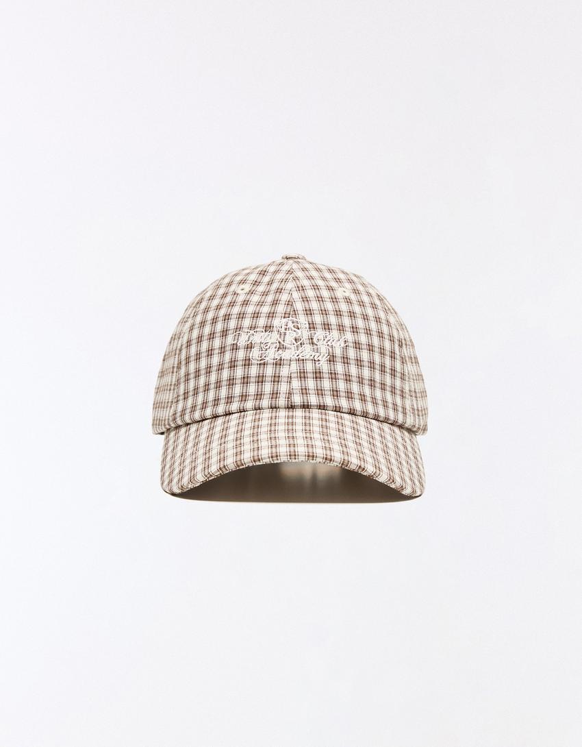 Checked embroidered cap-Brown