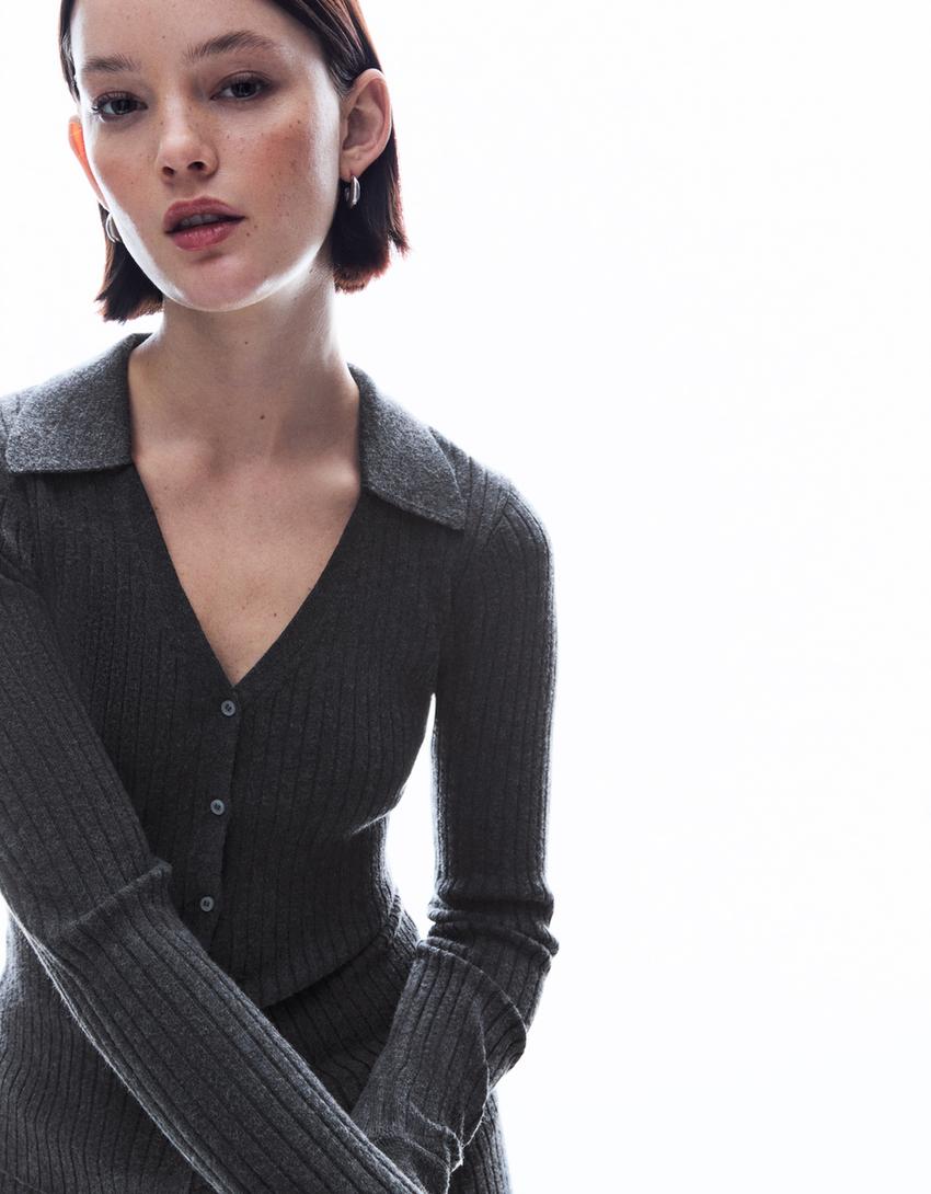 Ribbed polo collar cardigan-Dark grey