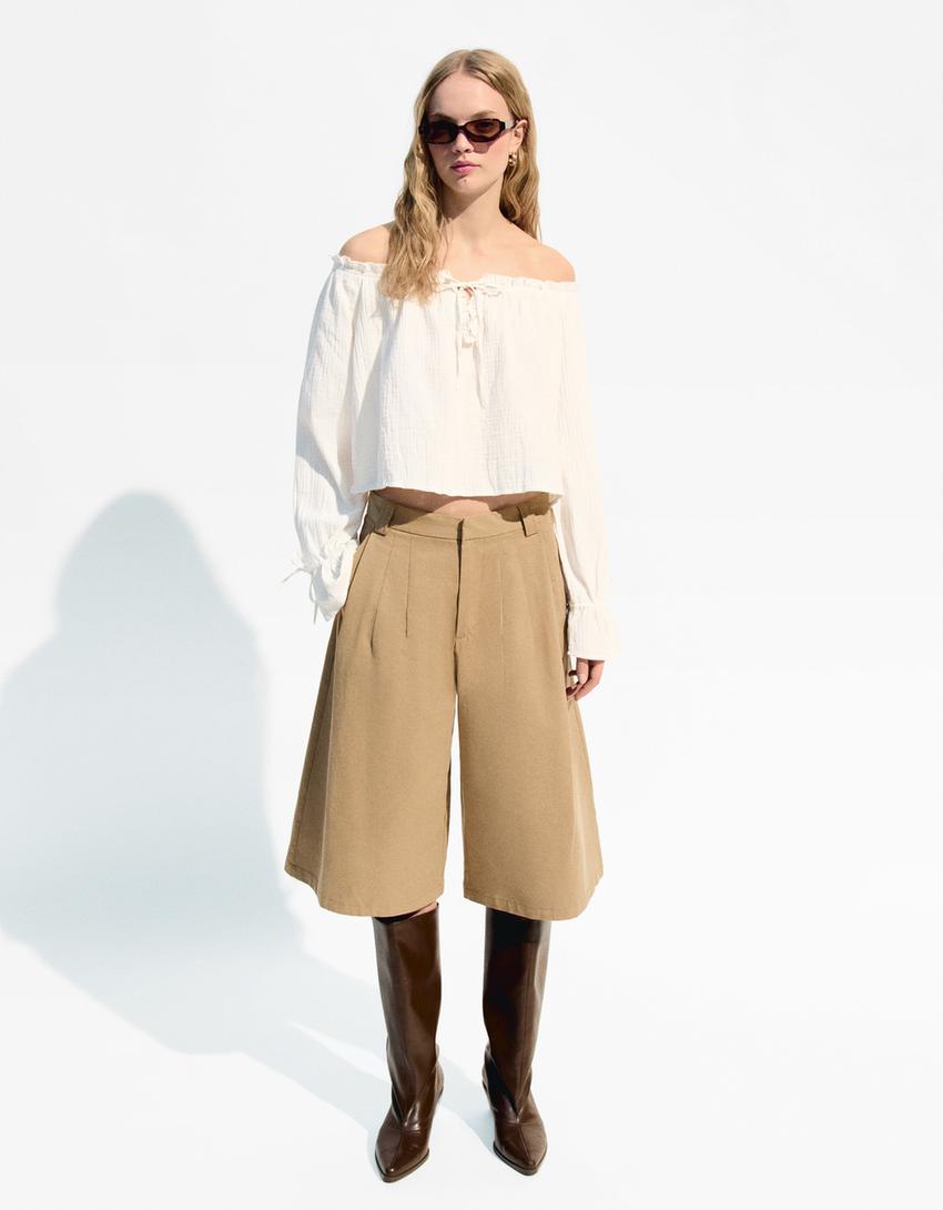 Off-the-shoulder blouse with tie detail-Cream-2