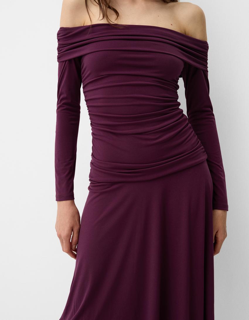 Gathered long sleeve midi dress-Maroon-3