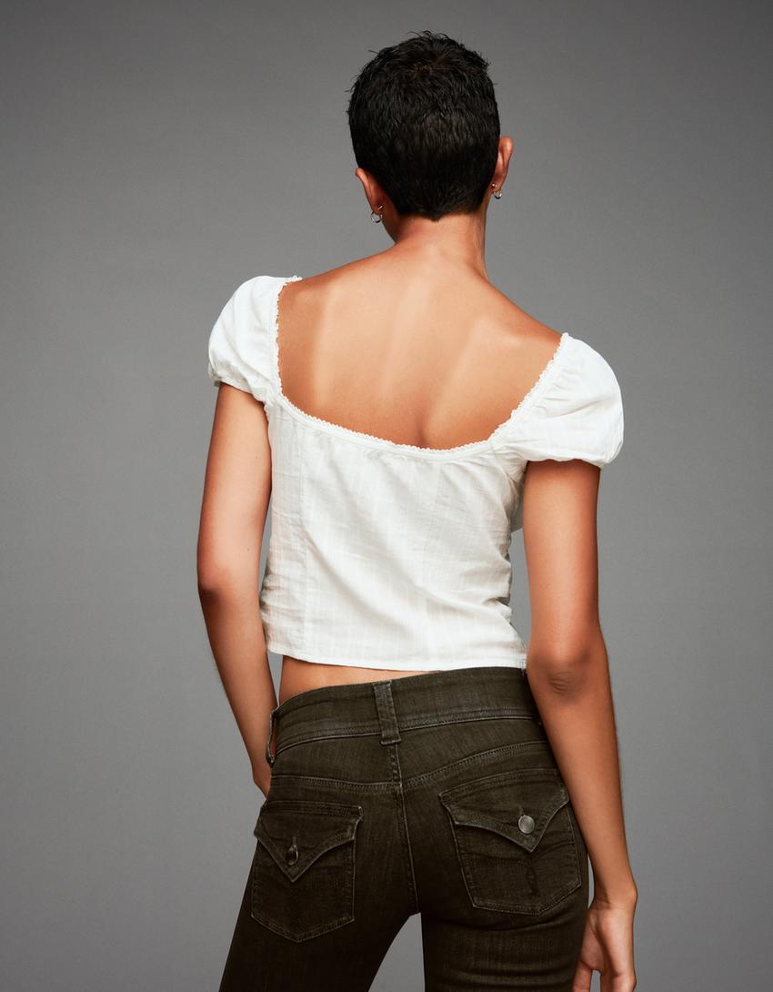 Blusa a maniche corte con struttura e lacci-Bianco-1