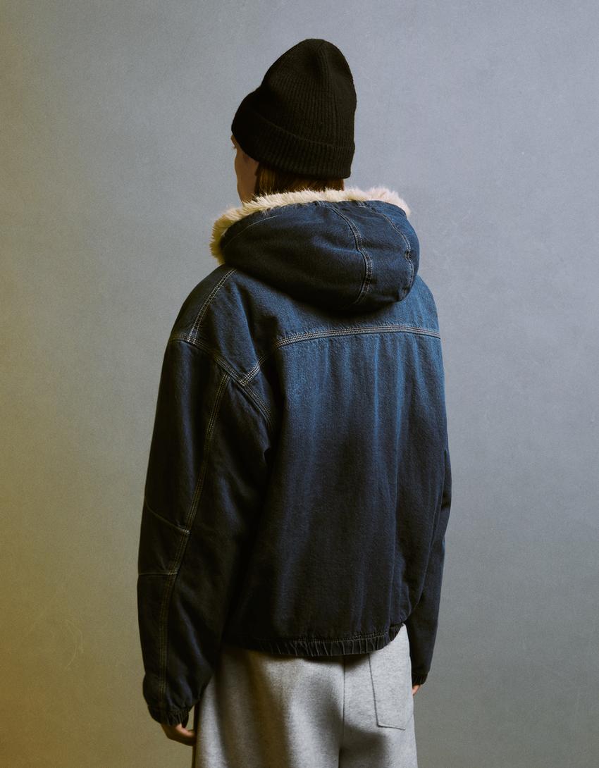 Blusão denim gola efeito de pelo-Marinho