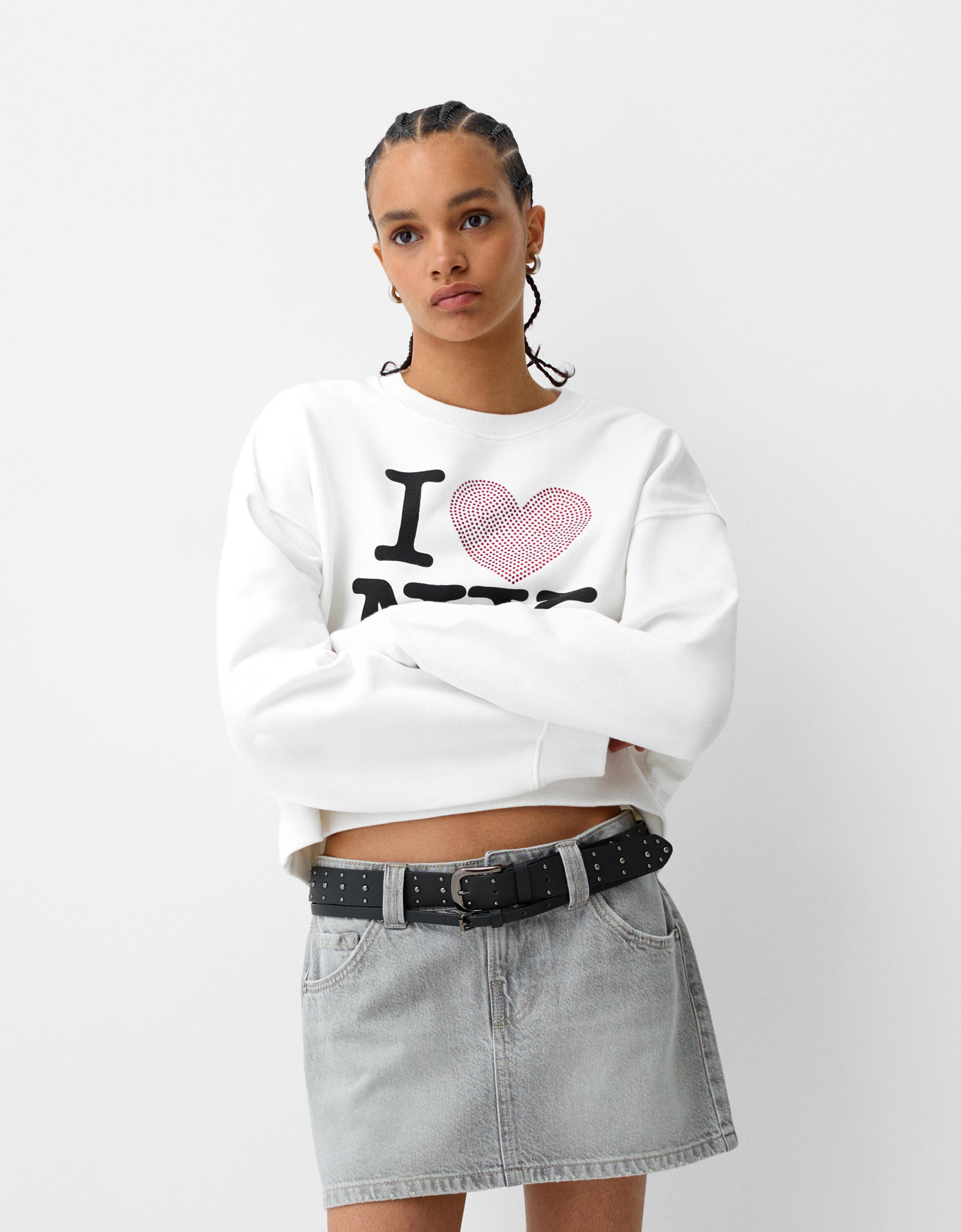 Bershka Pullover I Love New York Mit Langen Ärmeln Damen L Weiss