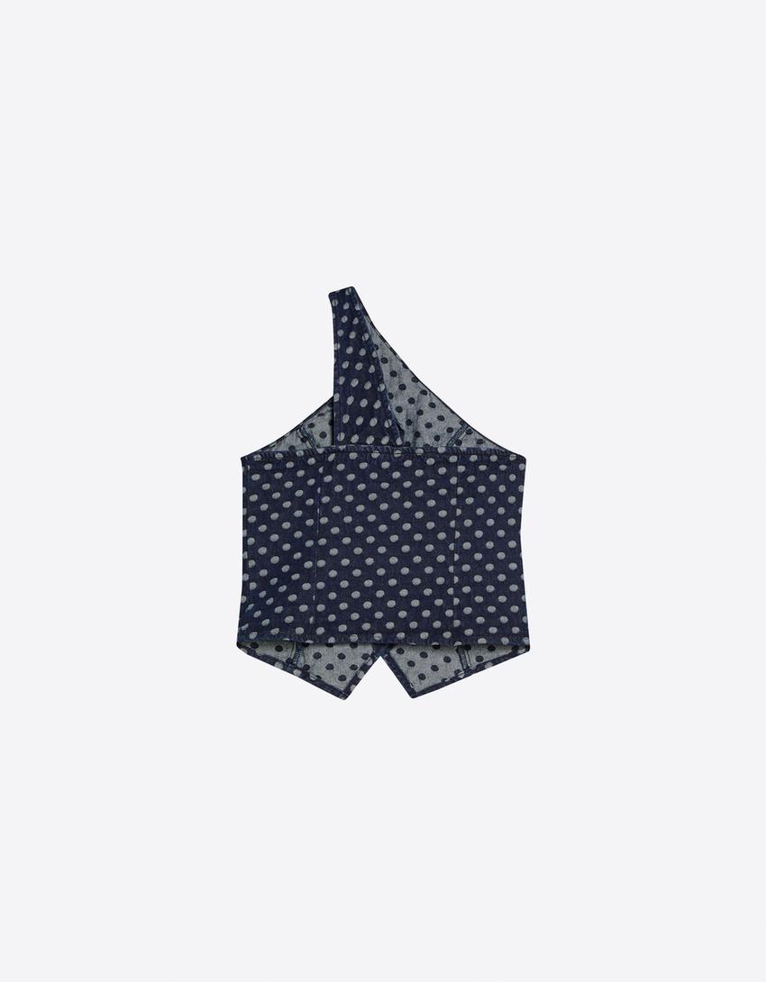 Asymmetric polka dot denim top-Navy