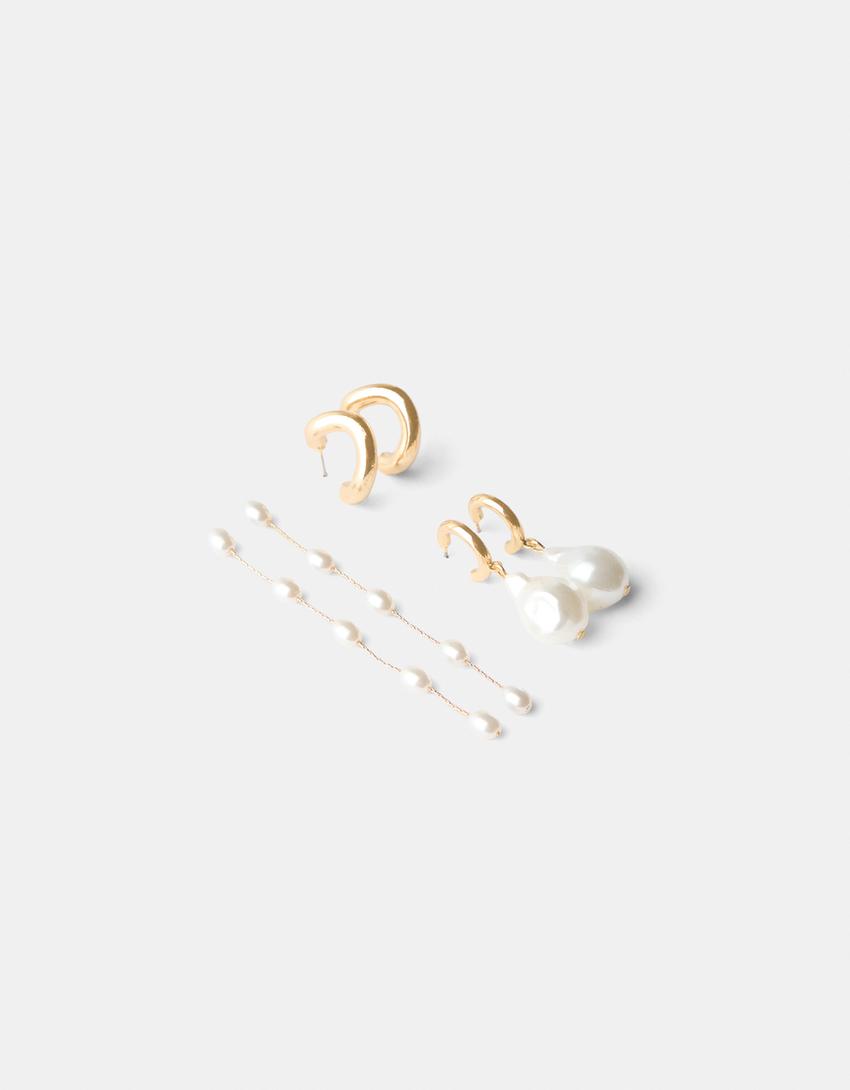 طقم من 3 أقراط من اللؤلؤ الصناعي-ذهبي-4