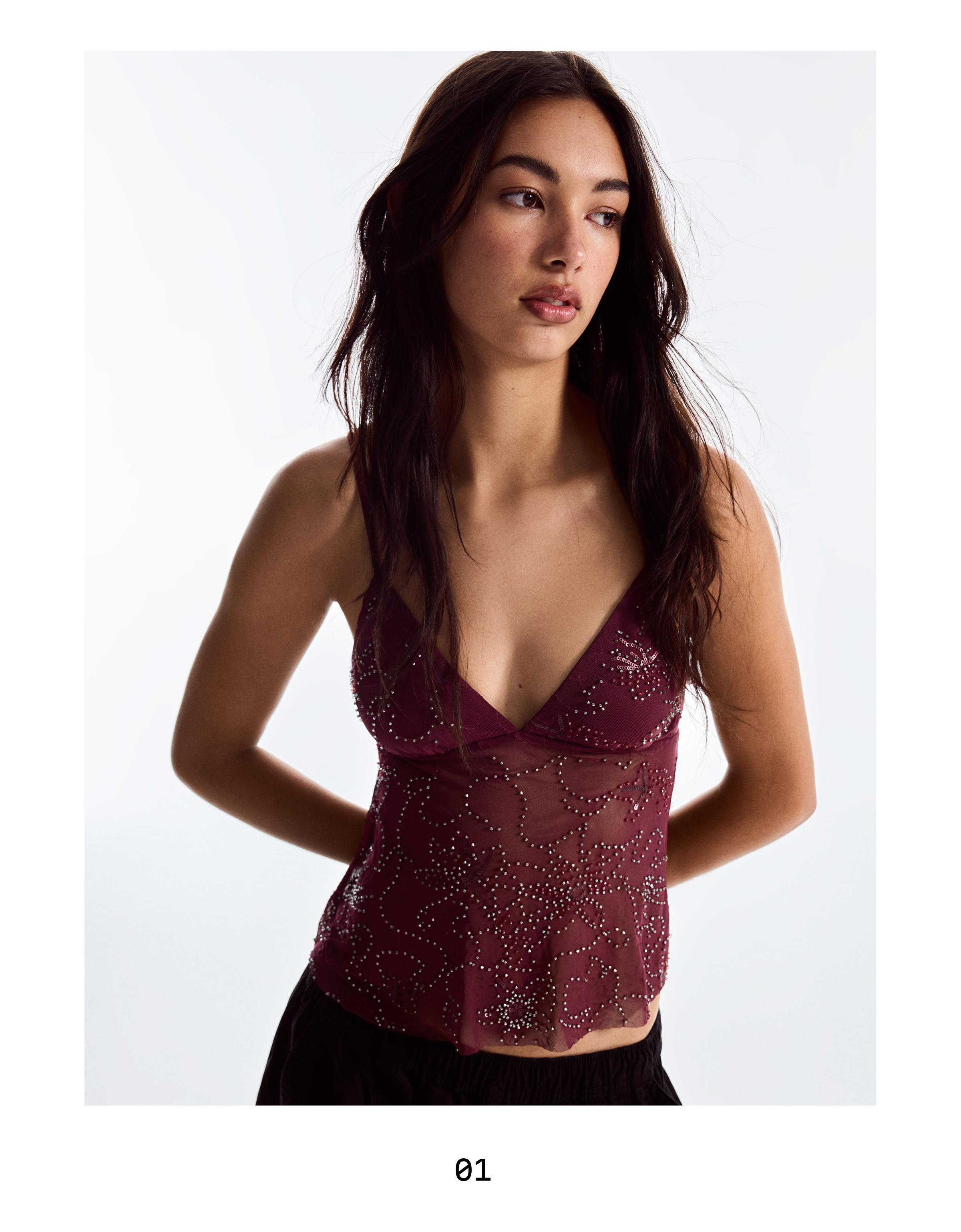 Rhinestone mesh strappy top — Burgundy