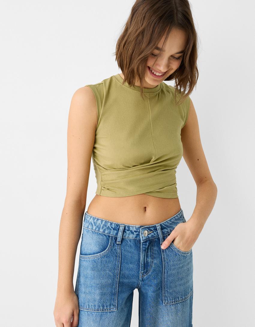 Sleeveless T-shirt with crossover front-Green-1