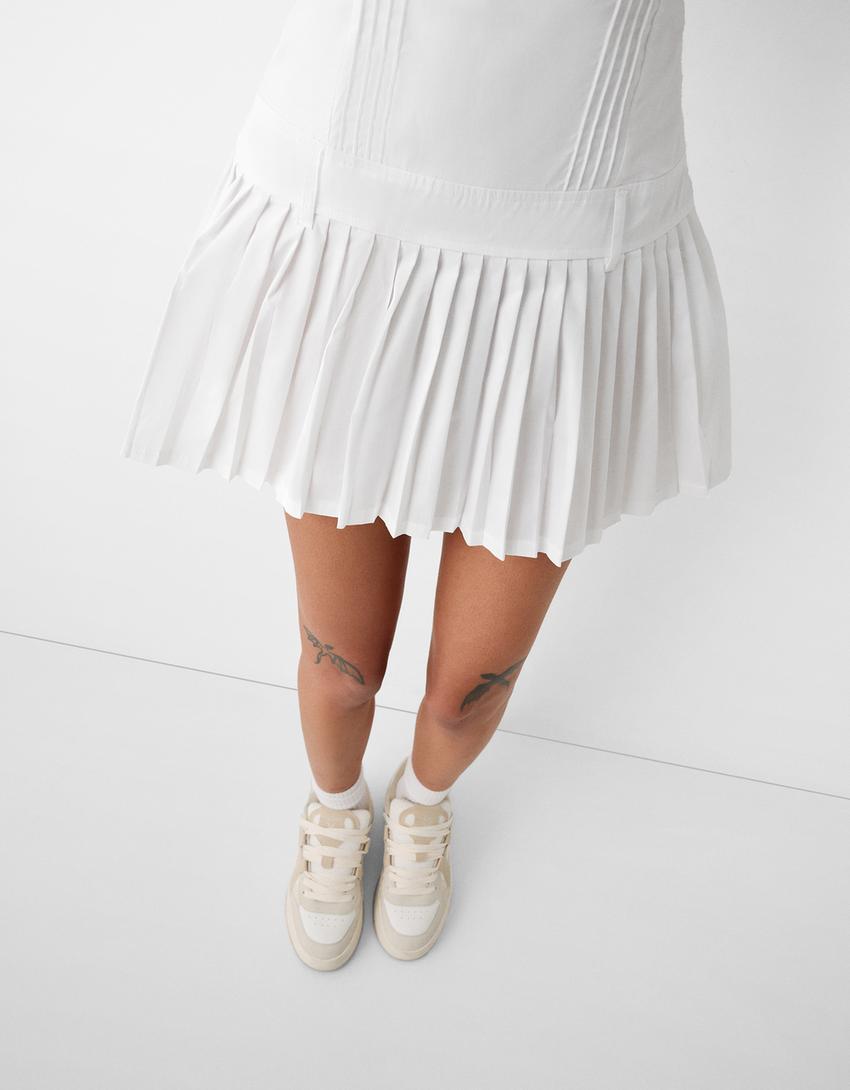 Vestido tirantes popelina saia táboas-Branco-5