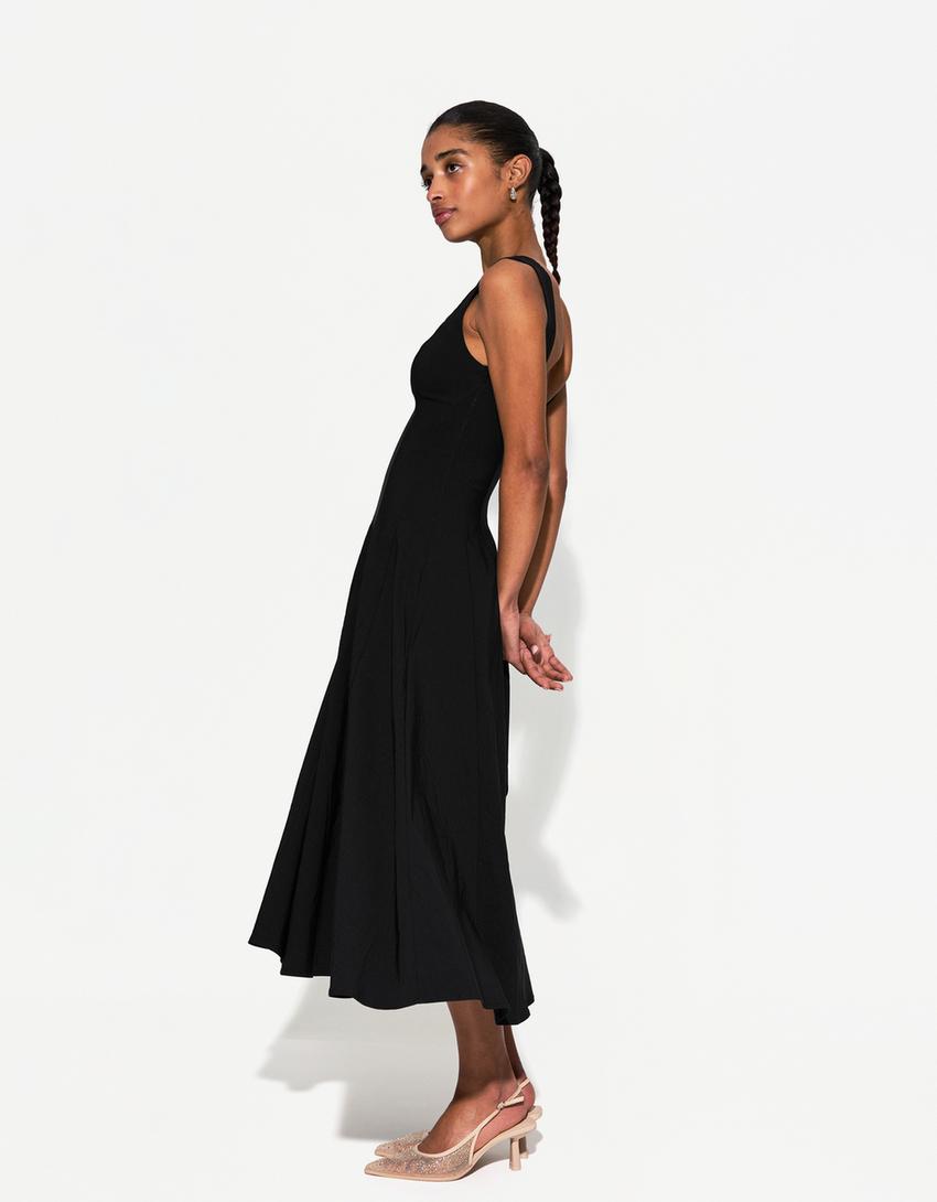 Stretch midi dress with flared skirt-Black-2