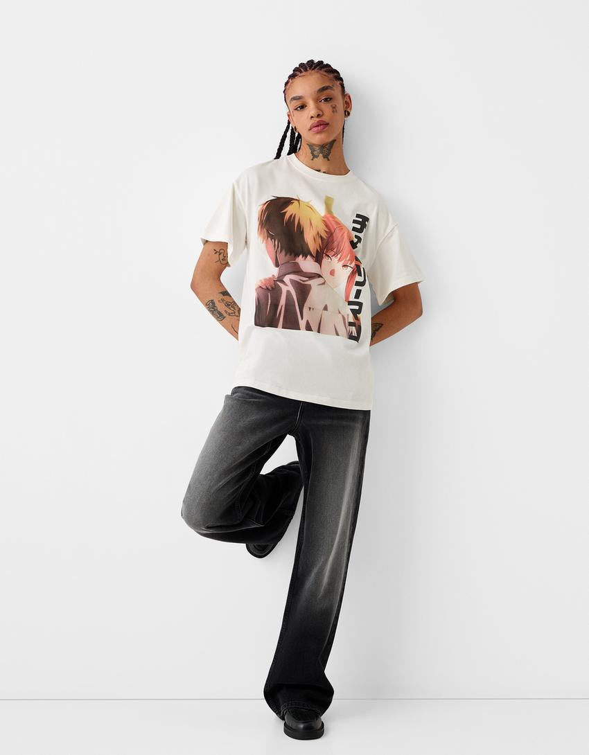 T-shirt manches courtes imprimé Chainsaw Man-Blanc cassé-3