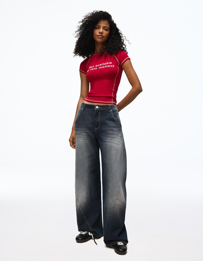 Printed short raglan sleeve T-shirt-Burgundy
