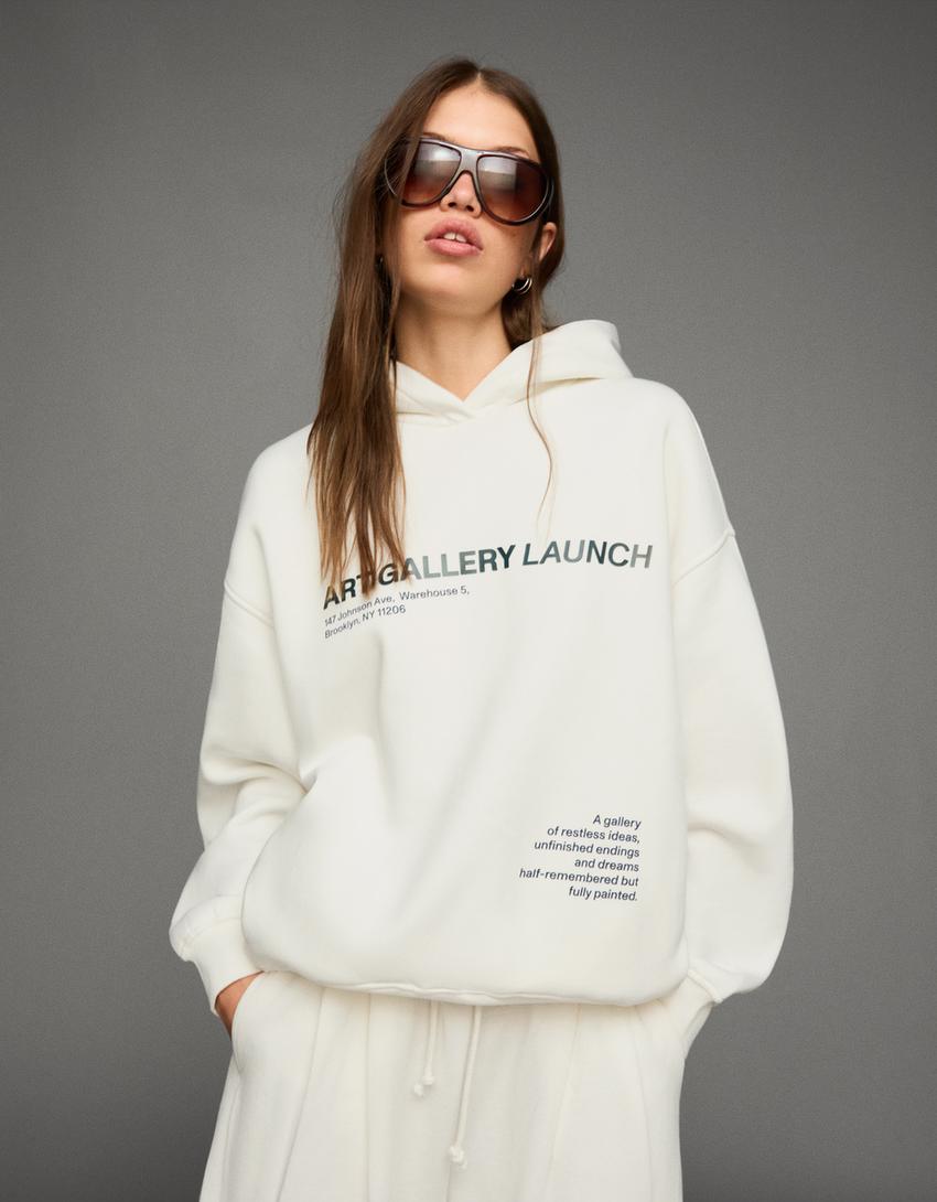Baskılı kapüşonlu sweatshirt-Kirli beyaz-2