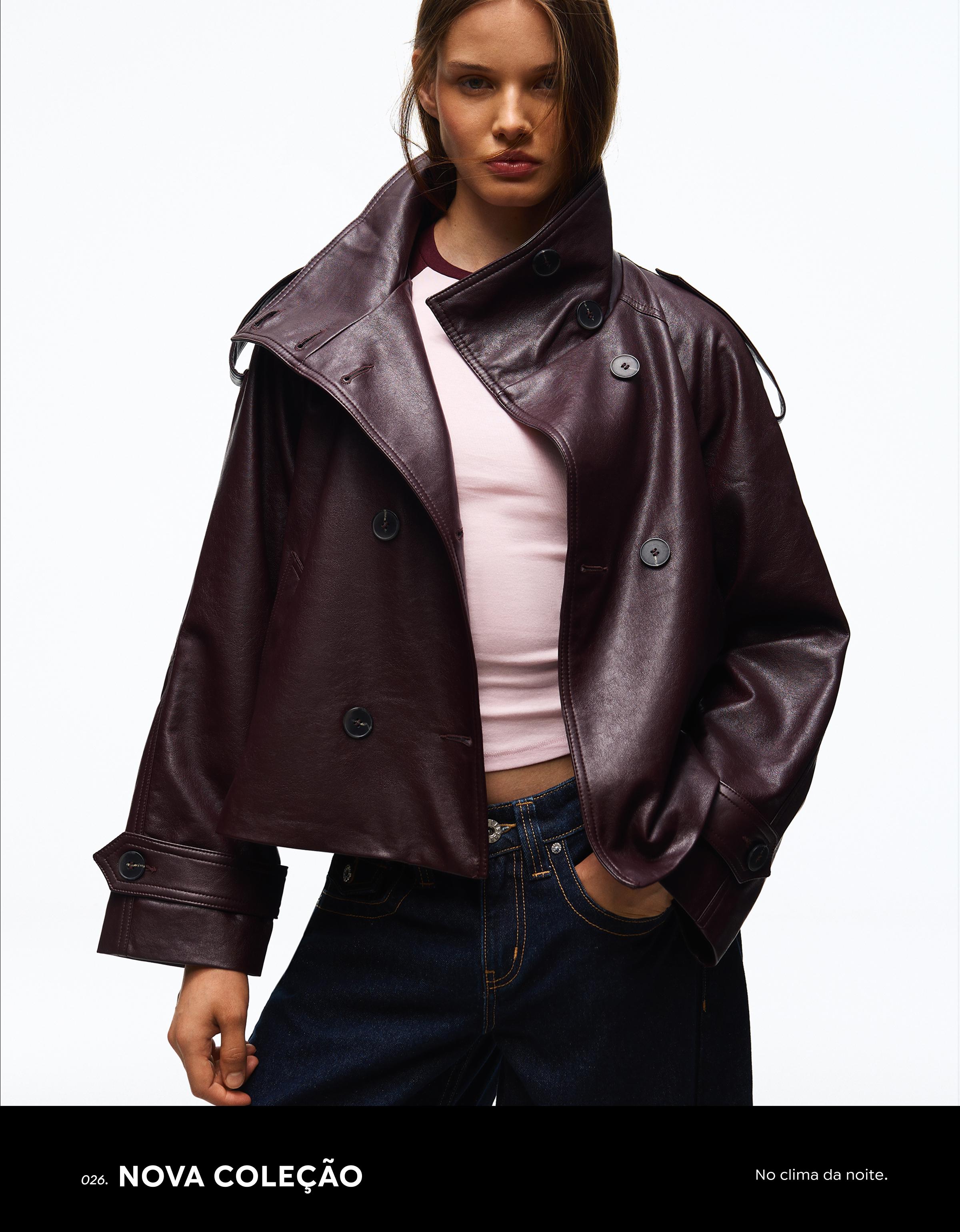 Short leather effect trench jacket — Burgundy