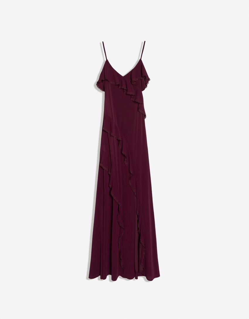 Ruffled strappy midi dress-Burgundy