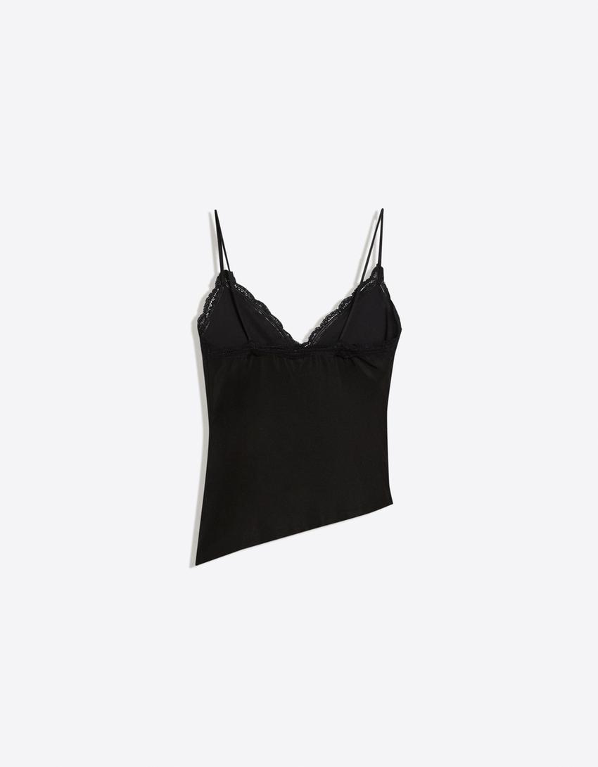Lace trim strappy top-Black