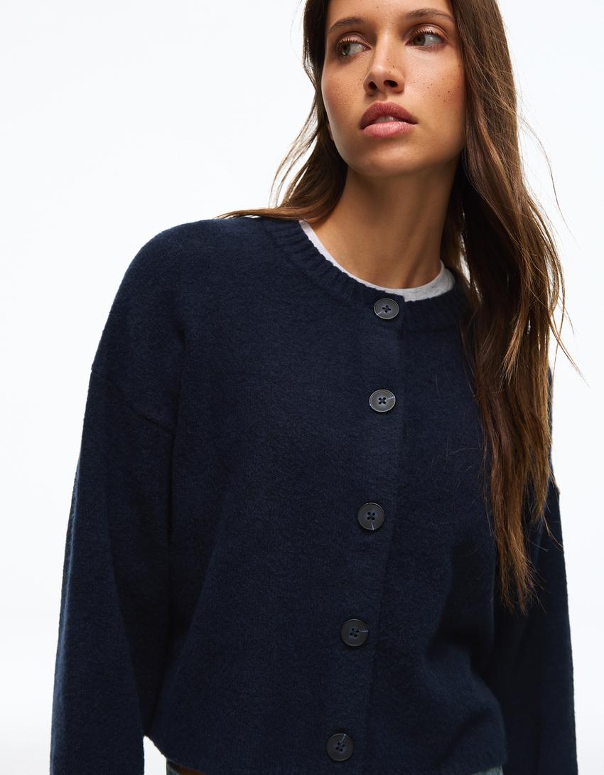 Soft touch round neck jacket-Navy