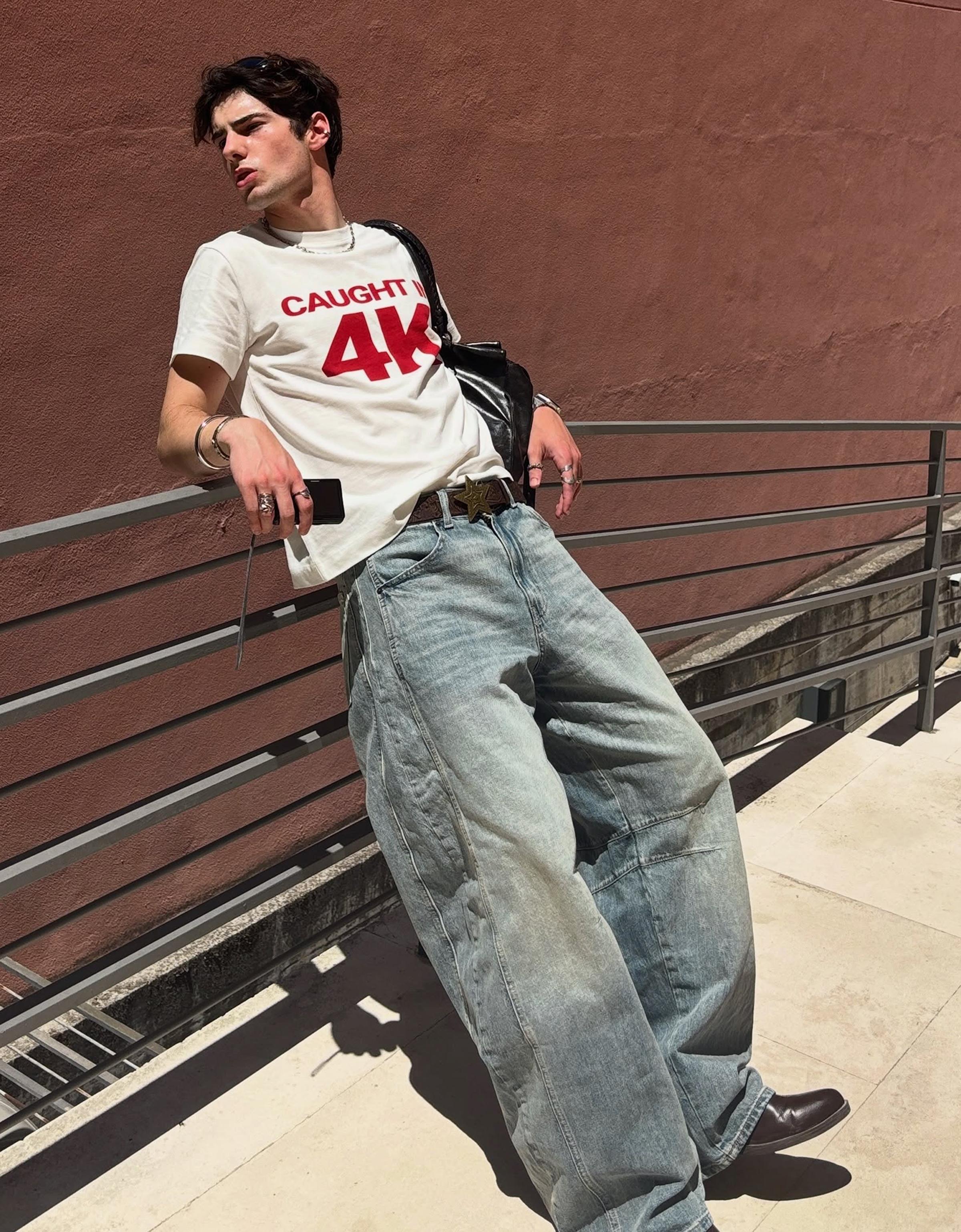 Bershka Jeans Barrel Hombre 34 Azul Lavado