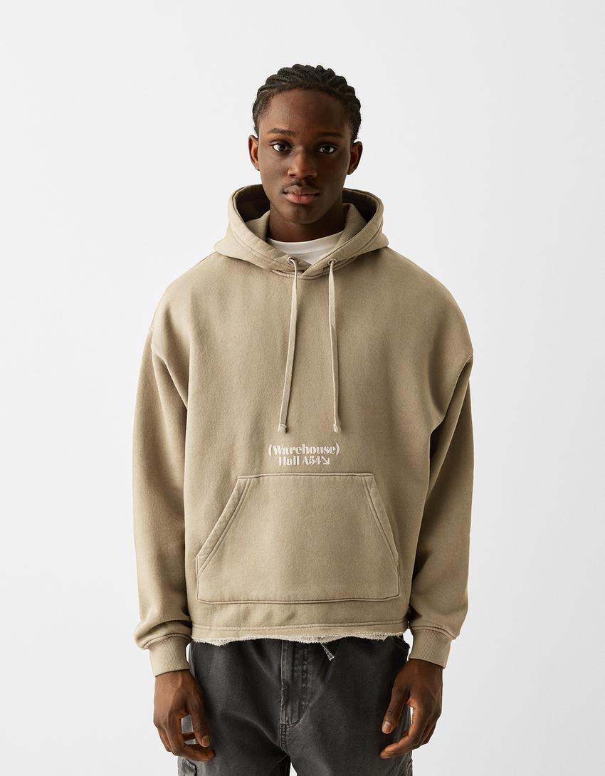 Cropped hoodie with a faded-effect print-Camel