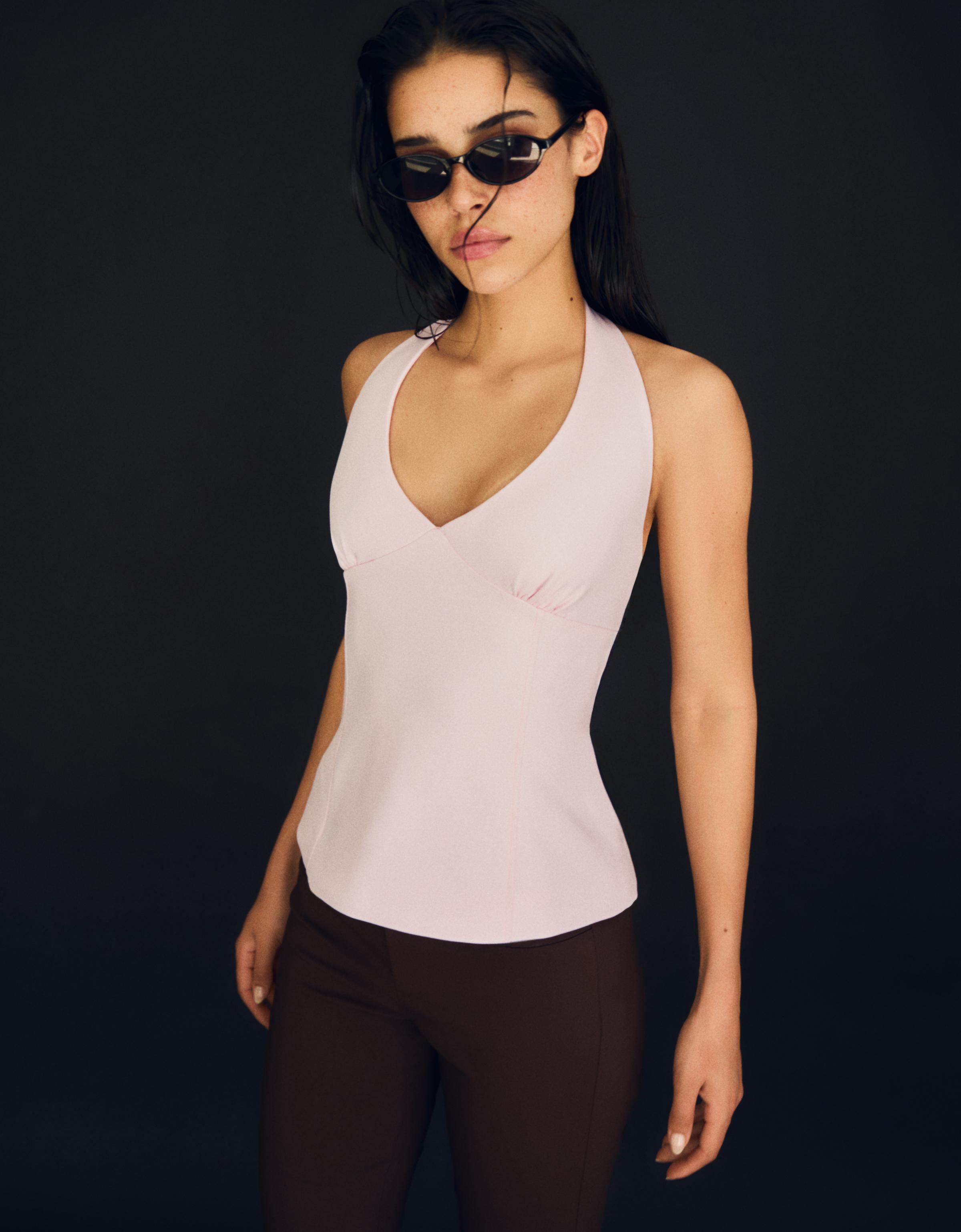 Bershka Top Halter Estructurado Mujer Rosa