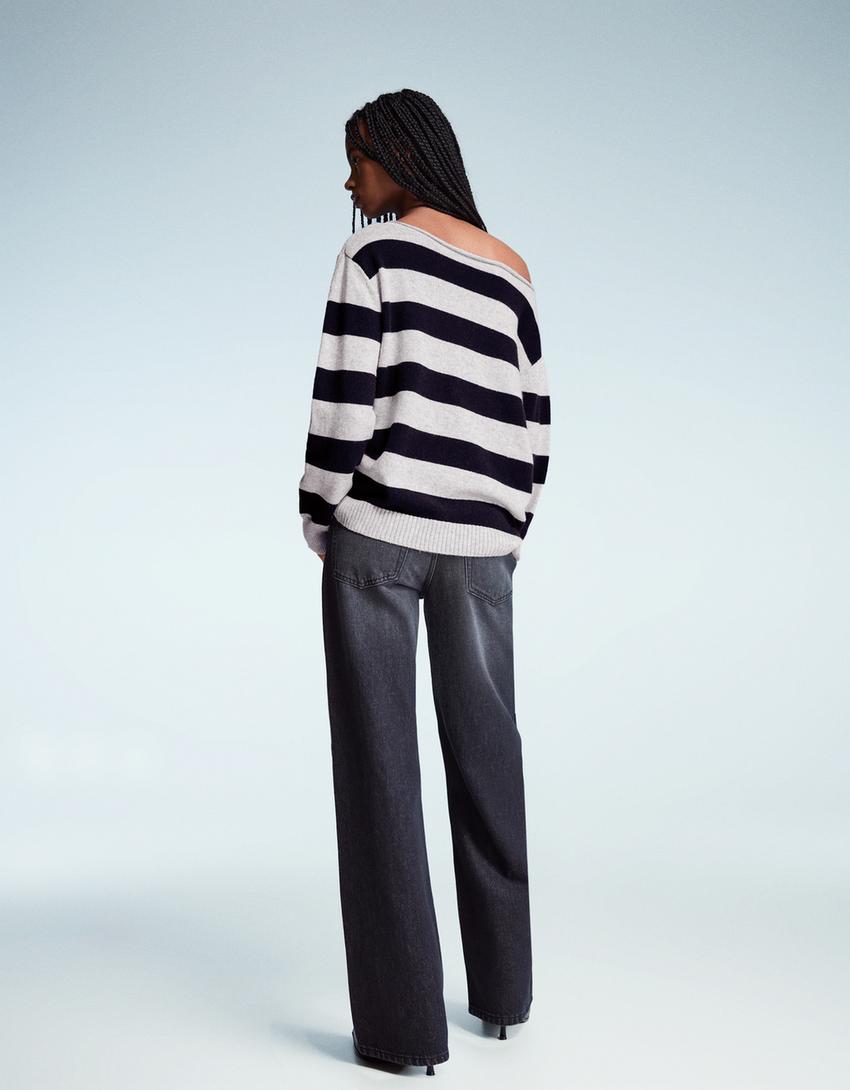 Pull col bateau imprimé-Bleu