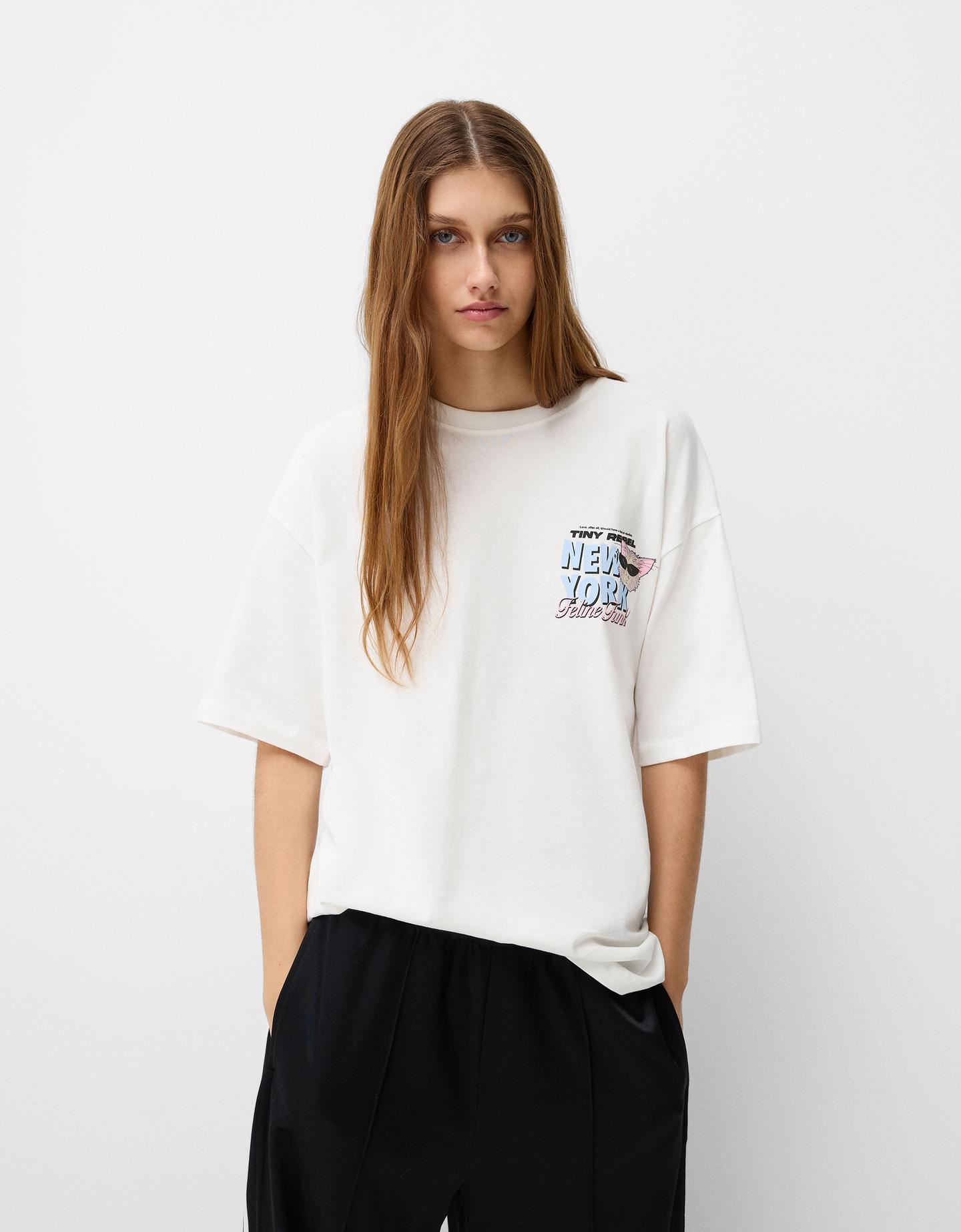 Bershka Camiseta Manga Corta Print Mujer L Crudo