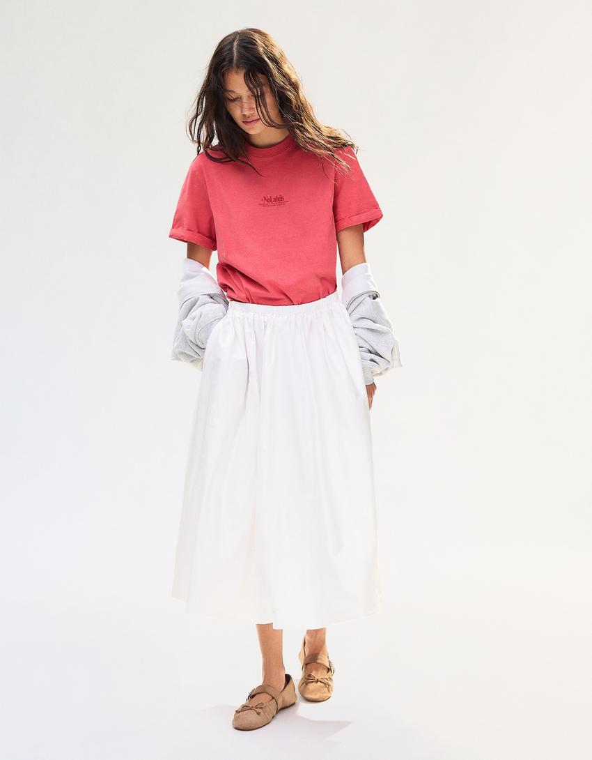 Short sleeve roll-up print T-shirt-Red