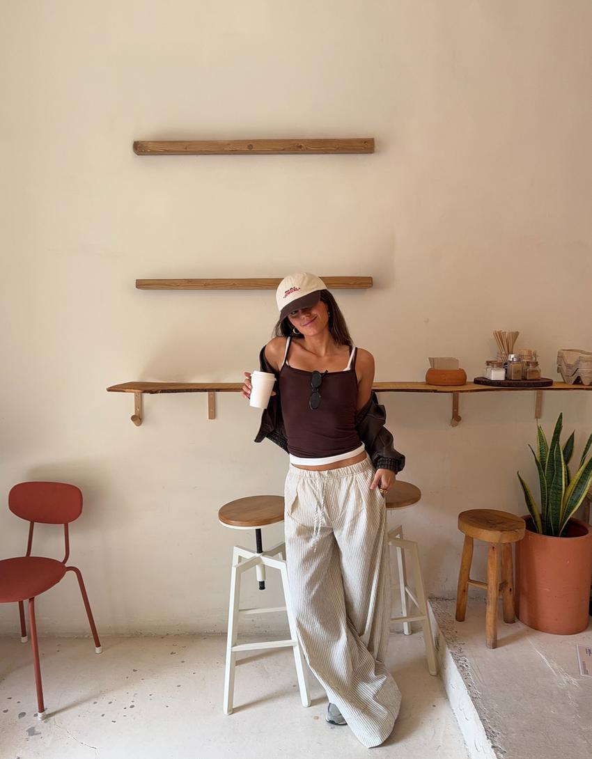 Calças de perna larga com textura-Areia-2