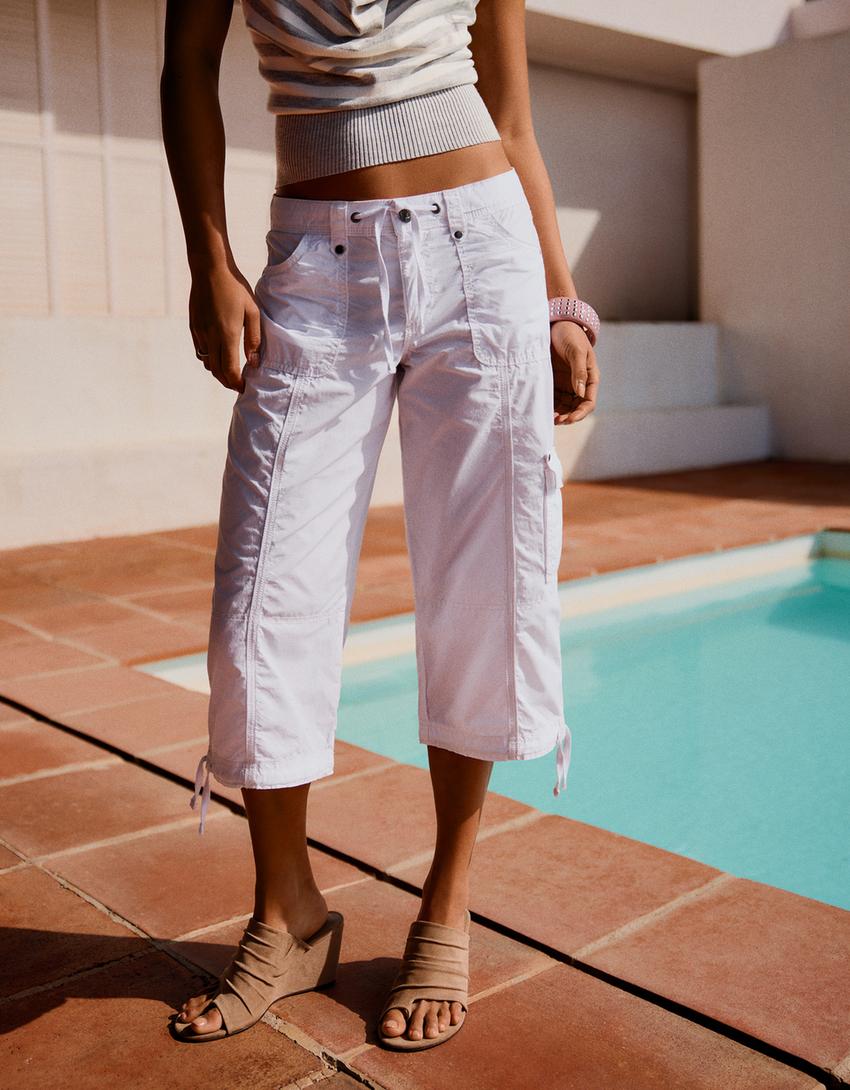 Cepli kapri pantolon-Beyaz