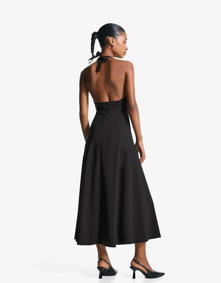 Bengaline halter midi dress-Black-1