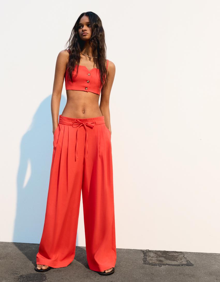 Ensemble gilet sans manches et pantalon fluide-Rouge-2
