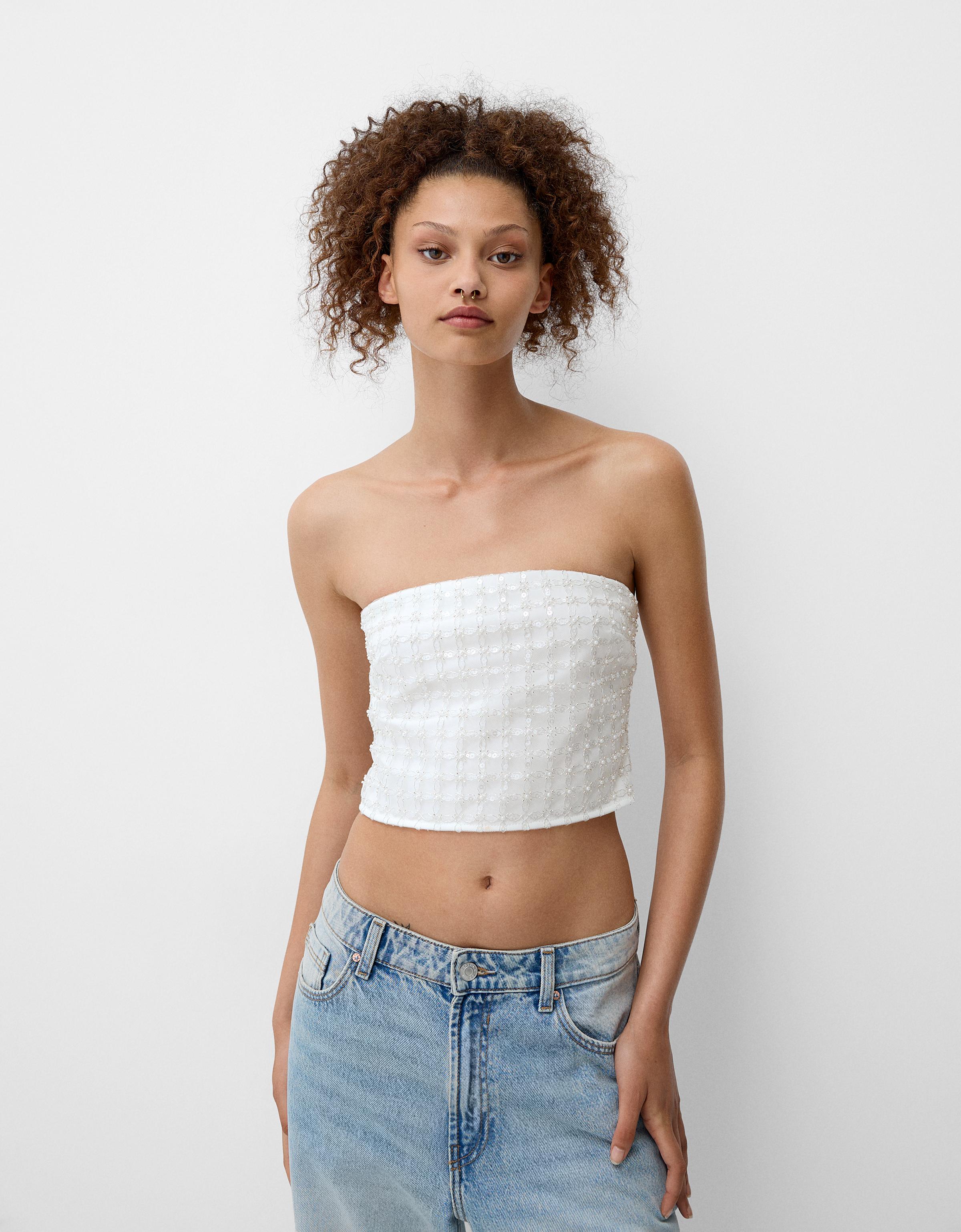 Bershka Bandeau-Top Mit Steinapplikationen Damen L Grbrochenes Weiss