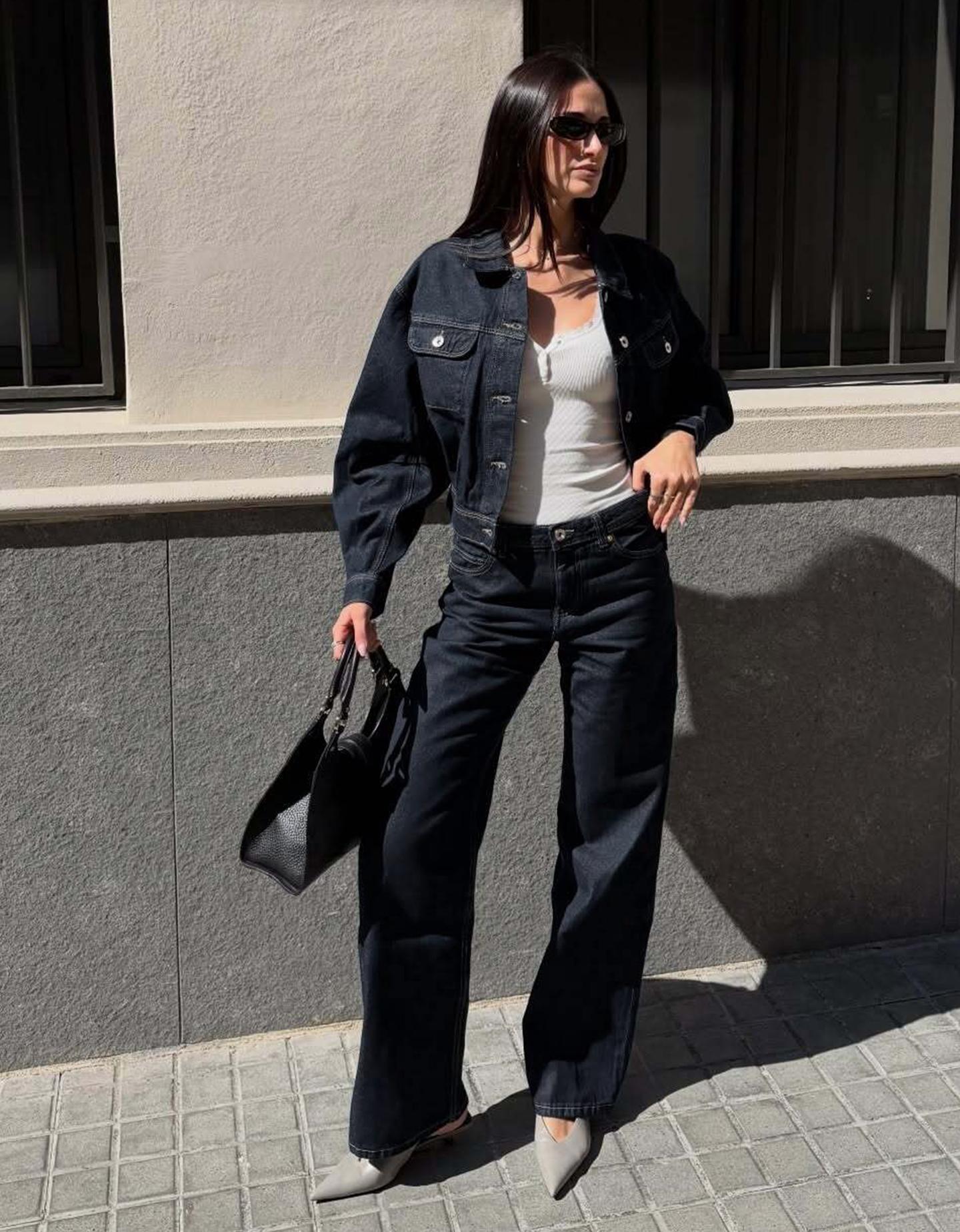 Bershka Cazadora Denim Balloon Cropped Mujer Marino